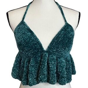 Handcrafted Ruffle Halter Crop Top Emerald Green Velvet Handmade Crochet Knit